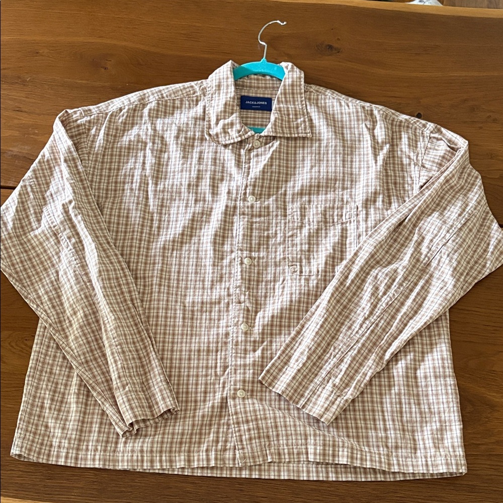 Jack & Jones Tan and White Plaid Long-Sleeve Button-Down Shirt
